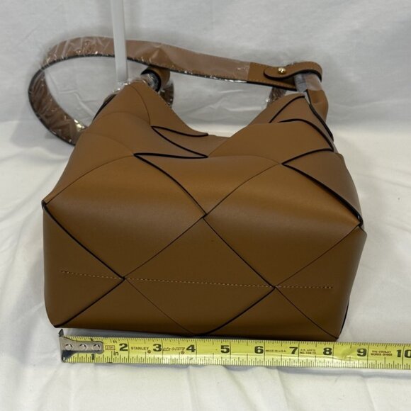 Caramel Woven Leather Bucket Bag, Loop Handles, Removable Shoulder Strap, NWOT - Picture 10 of 16